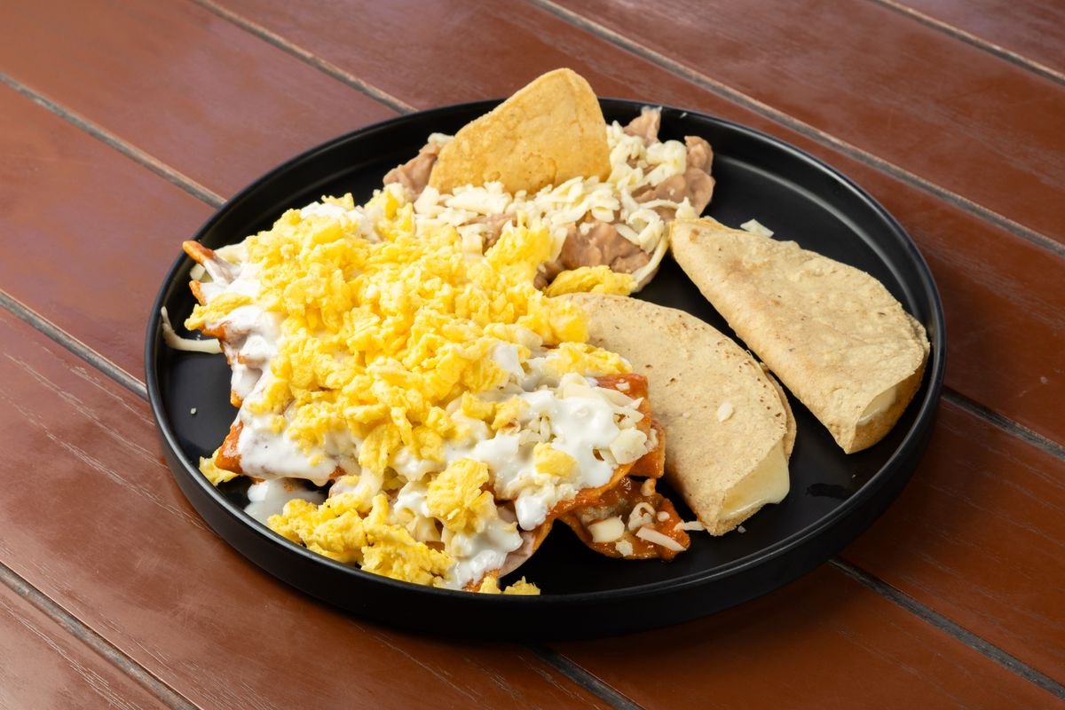 Plate of scrambled eggs with tortillas, Tex-Mex style